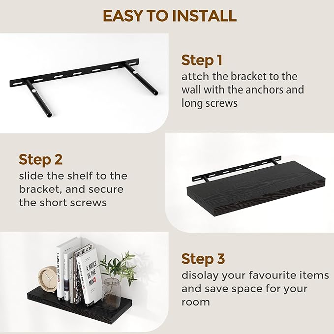 Fun Memories 32 Inch Floating Shelves, Wall-Mounted Bathroom Shelves Set of 2, 9.3 Inch Deep Floating Shelf Bookshelf for Living Room, Bedroom, Heavy-Duty Deep Storage Shelf for Wall, Black Color