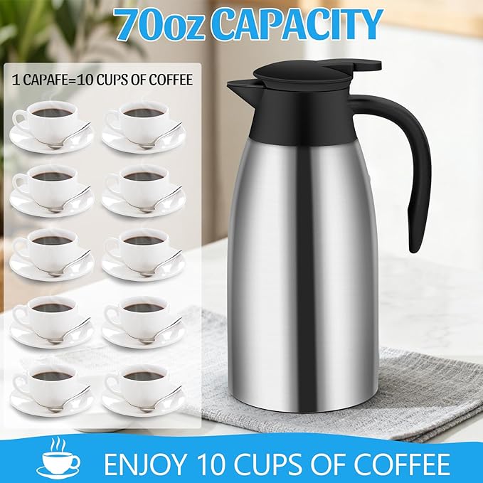 70oz Thermal Coffee Carafe Insulated Coffee Thermo,2 Pack Stainless Steel Thermo Pitcher,Double Walled Vacuum Insulation Coffee Carafes For Keeping Hot,Tea Water Hot Beverage Dispenser