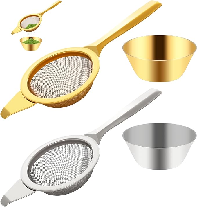 2 pcs 2.2in mini matcha sifter, stainless steel 30 Fine Mesh strainer with Drip Bowl, sieve matcha, loose tea, cocktail, juice, coffee