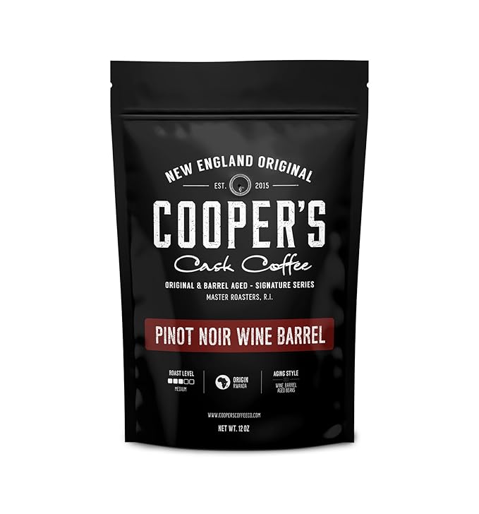 Wine Barrel Coffee Pinot Noir Aged Rwanda Beans, Incredibly Complex & Smooth Roasted Fresh - Whole bean 12oz Bag