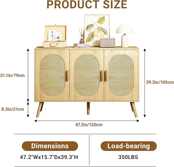 Storage Cabinet with Rattan Doors, Modern Farmhouse Coffee Bar Cabinet, Sideboard Buffet for Living Room, Entryway, Dining Room and Kitchen, Natural (Style Two)
