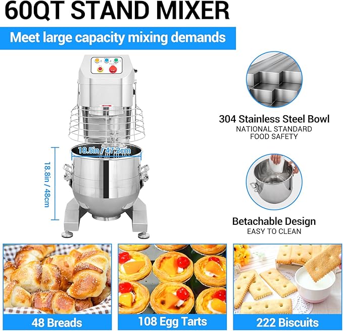 60Qt Commercial Food Mixer, Commercial Dough Mixer 3000W 3-Speed Adjustable, Heavy Duty Electric Stand Mixer with Stainless Steel Bowl for Kitchenaid and Pizzeria, 220V