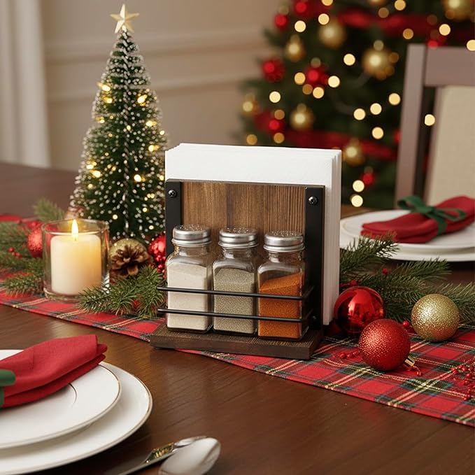 MyGift Napkin Holder with Salt and Pepper Shakers Set, Wood Tabletop Napkin Dispenser with Condiment Organizer and 3 Glass Shakers, Rustic Kitchen Décor