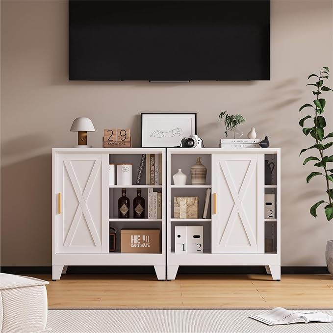 Farmhouse Coffee Bar Cabinet, Buffet Storage Cabinet, Sideboard with Sliding Barn Door and Adjustable Shelves for Kitchen, Dining Room, Bathroom