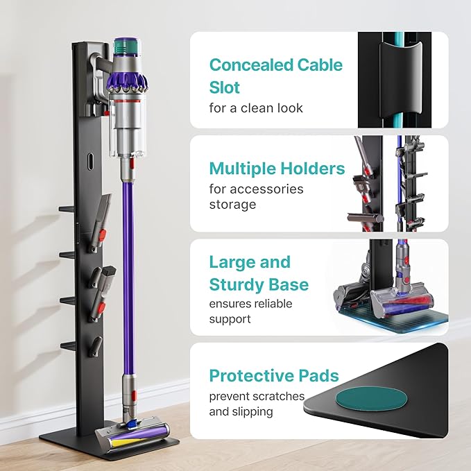 Vacuum Cleaner Stand, Compatible with Dyson Gen5 V15 V12 V11 V10 V8 V7 V6, Floor Cordless Vacuums Attachment Holder with 4 Hooks and 4 Shelves, Metal Storage Bracket Organizer, Black