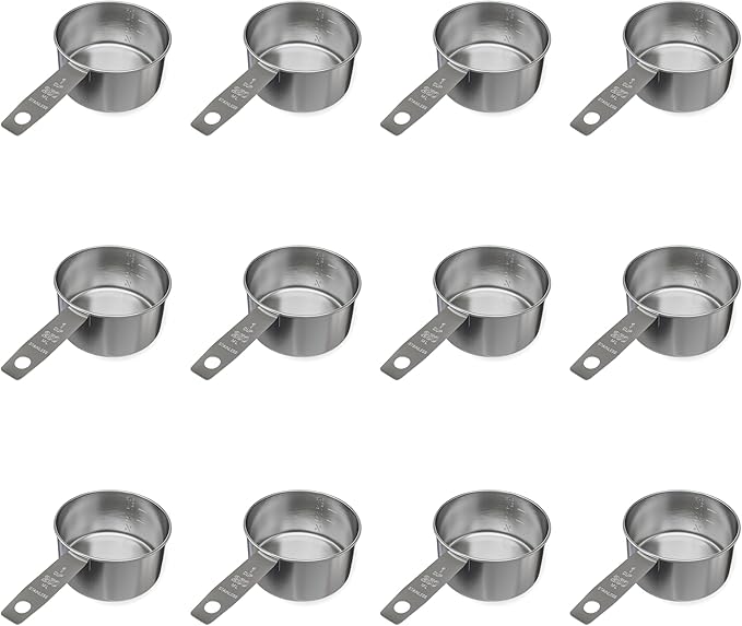 1 Cup Stainless Steel Measuring Cup | Sturdy Metal 250 ml | 240 cc | 8 oz | Single Cup for Wet and Dry Ingredients | Great for use as 1 Cup Dog Food Scoop - 12 PK