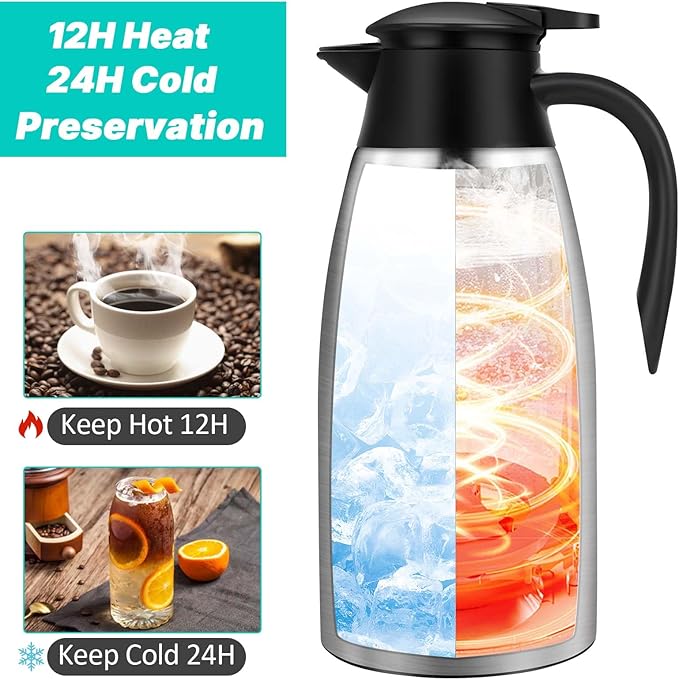 68OZ Thermal Coffee Carafes for Keeping Hot, 2 Liter Stainless Steel Thermal Carafe, Double Wall Vacuum Insulated Pitcher Tea Pot for Coffee Tea Keep Hot 12 Hours, Silver