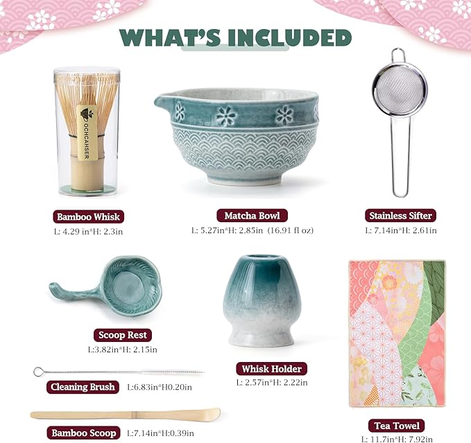 Matcha Tea Set, 8 Pcs Japanese Matcha Kit with Cherry Blossom and Wave Design Ceramic Bowl, Bamboo Whisk, Whisk Holder, Scoop, Sifter, Brush, Matcha Kit Set for Matcha Lovers (Blue Gradient)