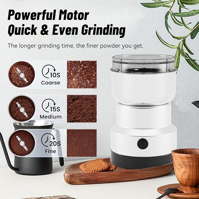 One-Touch Coffee Grinder and Multi-Purpose Grinder with Extended Power Cord & 4 Sharp Blades, for Convenient Grinding of Coffee, Spices, and Seeds Anywhere
