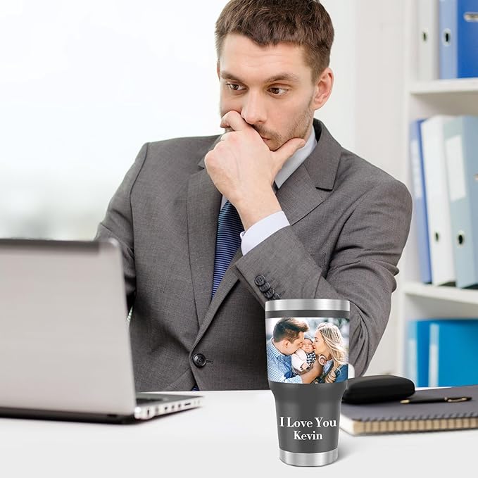 Personalized Tumbler with Logo Pictures Text Name, Custom 30oz Stainless Steel Tnmbler, Personalized Mug Cup, Fathers Day Anniversary Wedding Christmas Birthday Gifts for Women Men Office (30uv)