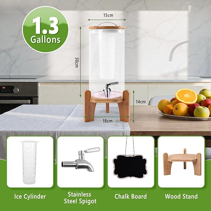 1.3 Gallon Drink Dispenser, Glass Beverage Dispenser with Wood Stand, Lemonade Dispenser with Airtight Valve and Stainless Steel Spigot Fruit Infuser, Thick Drink Dispenser for Parties Restaurants