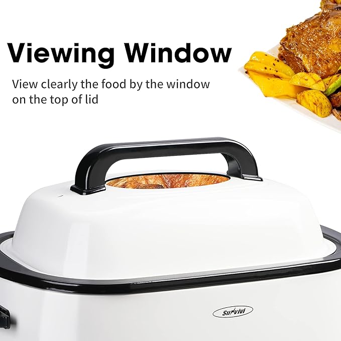 Sunvivi 26 Quart Electric Roaster with Removable Pan, 30 LB Electric Turkey Roaster Oven with Visible & Self-Basting Lid,Large Roaster with Turkey Holder and Cool-Touch Handles,White Body