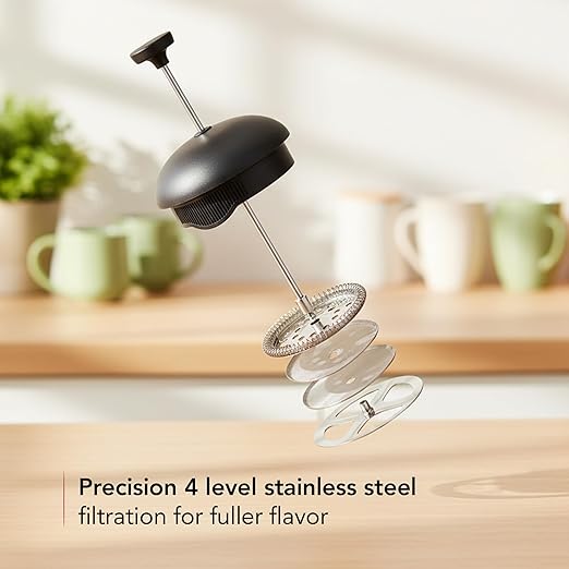 OVENTE French Press Coffee Maker 12 Ounce with Heat Resistant Borosilicate Glass & Stainless Steel 4-Level Filtration System, Portable Cold Brew Coffee Maker for Travel, Camping or Gift, Black FPB12B