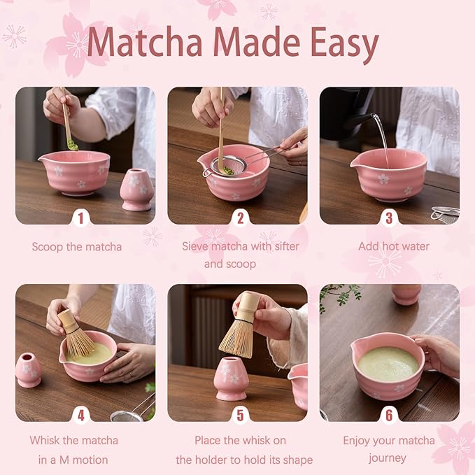 Matcha Whisk Set, Matcha Bowl with Spout, Matcha Whisk and Holder, Bamboo Matcha Scoop and Stainless Sifter，Ceramic Matcha Bowl Set (Pink)