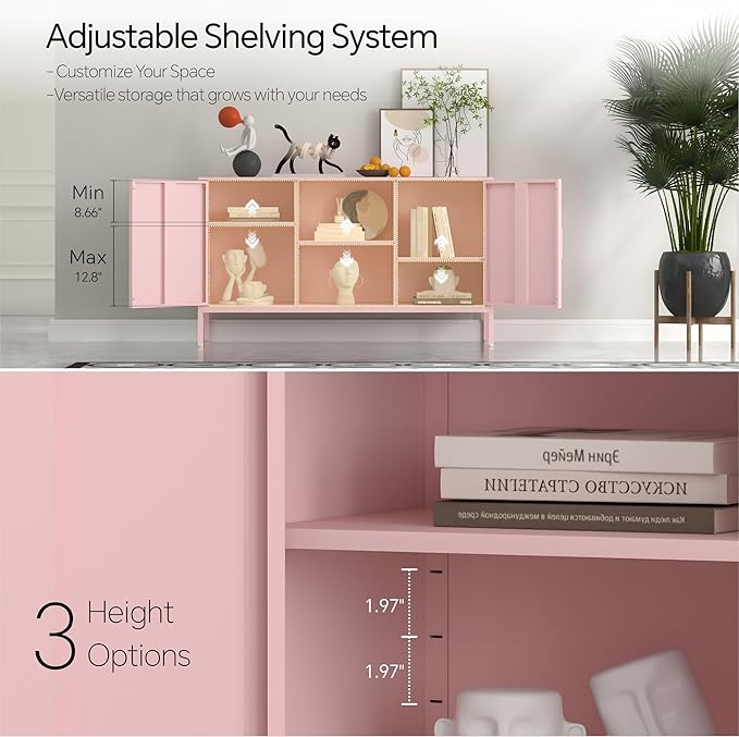 Metal TV Cabinet with Doors and Shelves Modern Metal Storage Cabinet Coffee Bar TV Stand 2 Door Locker for Office Living Room Kitchen (Pink, 47.24" D x 13.78" W x 29.53" H)