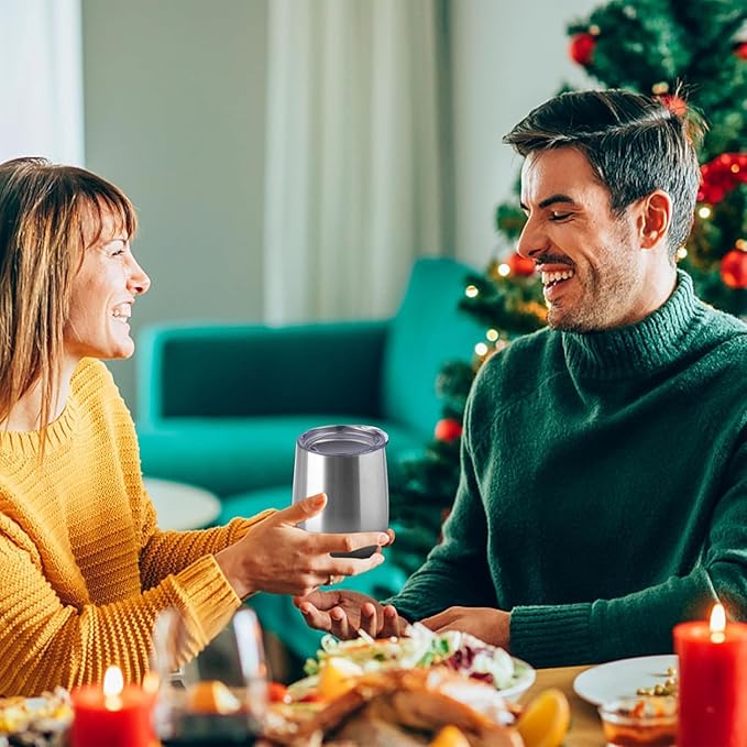 12oz/6 Pack Wine Tumbler Glasses with Lid Stemless Double Wall Vacuum Stainless Steel Travel Tumbler Keeping Cold & Hot for Wine,Coffee,Cocktails,Christmas Drinks-Family and Gifts (Silver & Rose Gold)