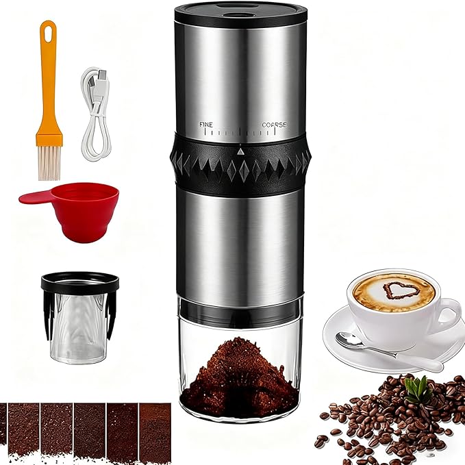 Portable Coffee Grinder,USB Rechargeable Coffee Maker,Electric Stainless Steel Burr Burr Coffee Grinders, Espresso Battery Coffee Bean Grinder Machine with 15 gind Settings for Home Use(Black9109)