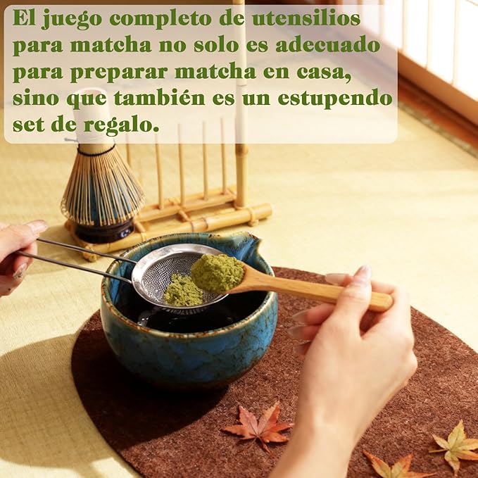 HEYMKGO Matcha Whisk Set 8 Pcs, Sapphire Blue Matcha Bowl with Spout, Bamboo Whisk & Holder, Scoop, Scoop Rest, Sifter, Bamboo Spoon & Tea Towel - Traditional Japanese Matcha Tea Ceremony Kit