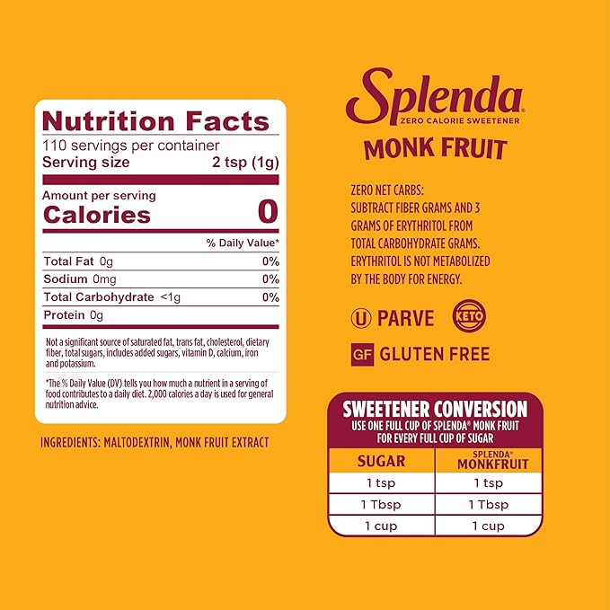 Splenda Monk Fruit Zero Calorie Plant Based Granulated Sweetener, No Erythritol, Sugar Substitute, 3.8 Oz (Pack of 1)