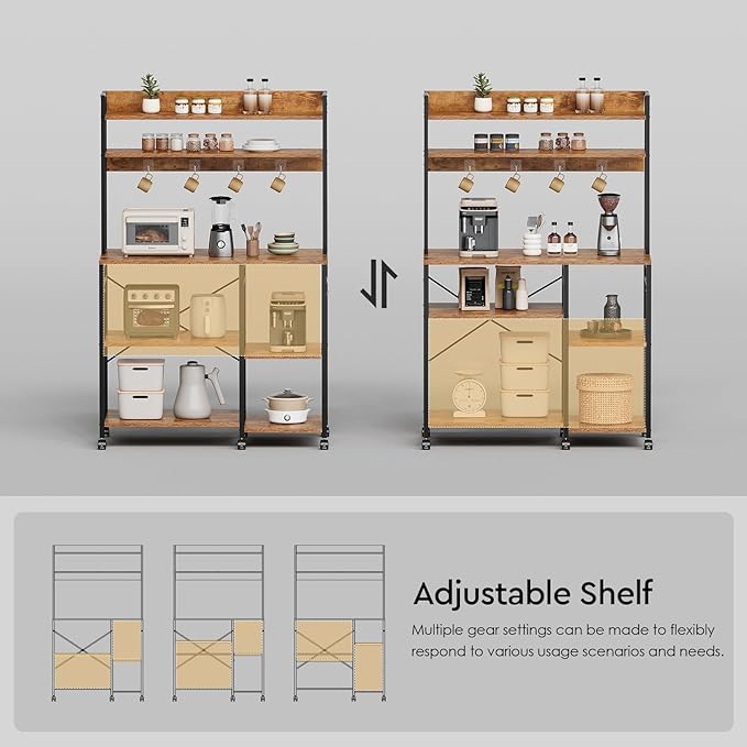 Kitchen Bakers Rack with Storage，Microwave Stand with Wheels，with Adjustable Shelves，Kitchen Shelves，Coffee Bar with 10 S-Shaped Hooks，35.4 * 15.8 * 61 Inches，Rustic Brown