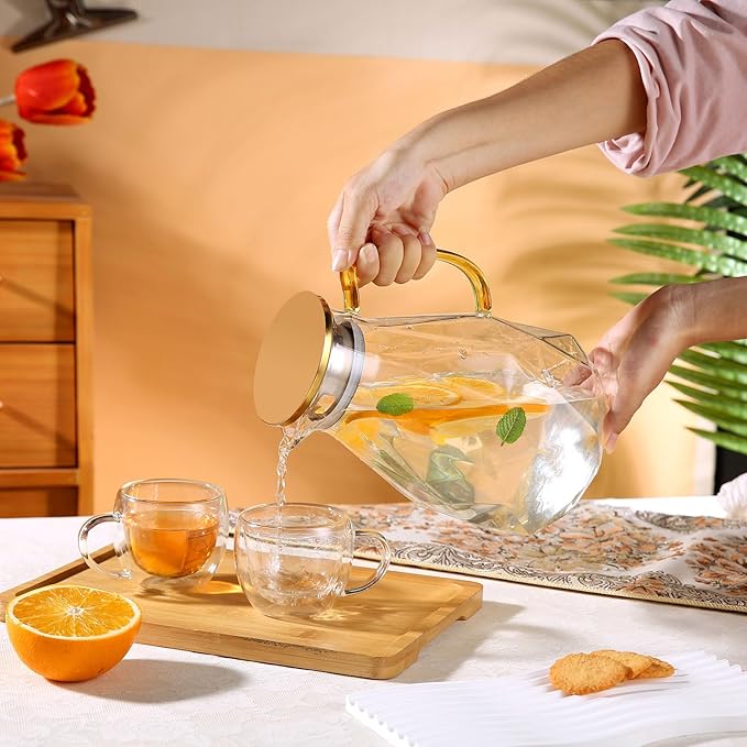 Heat Resistant Glass Pitcher With Lid And Spout, Glass Iced Tea Pitchers Beverage Pitchers For Fridge, Water Pitcher And Carafe 51oz/1500ml