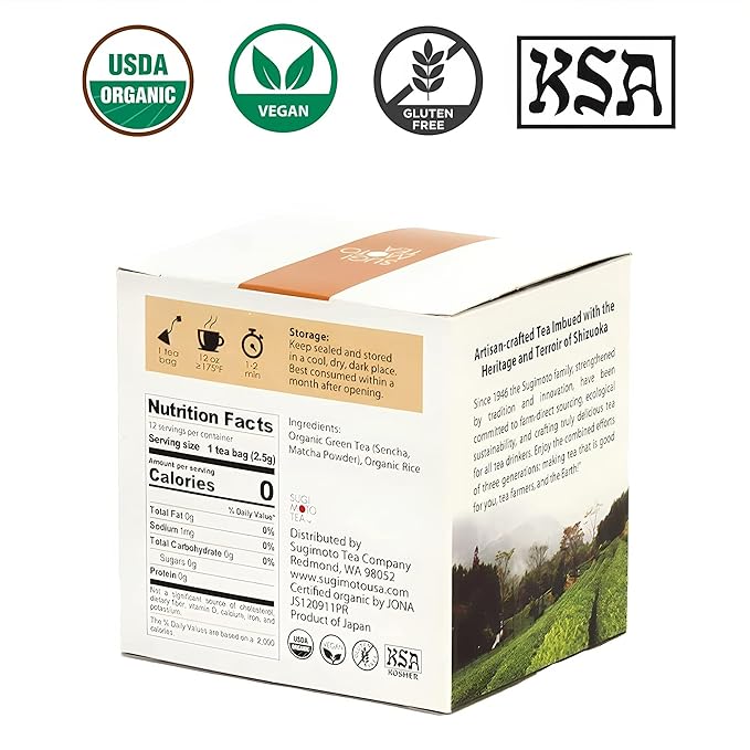 SUGIMOTO TEA Japanese Organic Matcha Genmaicha Tea Bags 12 Count Pack of 1