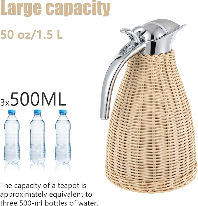 Stainless Steel Coffee Thermal Carafe, 50 Oz/1.5 L Woven Rattan Insulated Coffee Carafe Double Walled Vacuum Insualted 20 Hour Heat Cold Retention (White)
