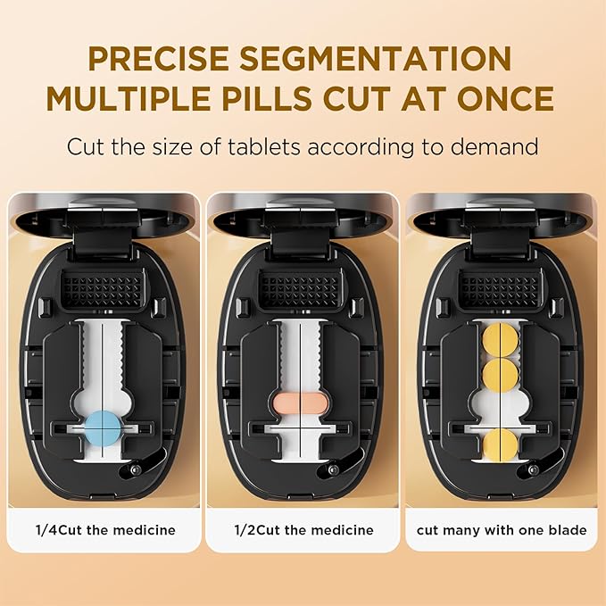 Pill Cutter Splitter for Small and Tiny Pills, 1/2 1/4 Pill Splitter for Small Pills,Vitamins, Tablets in Half or Quarters, Accurate and Easy Cutting, Stainless Steel Blade, Back Storage (Black)