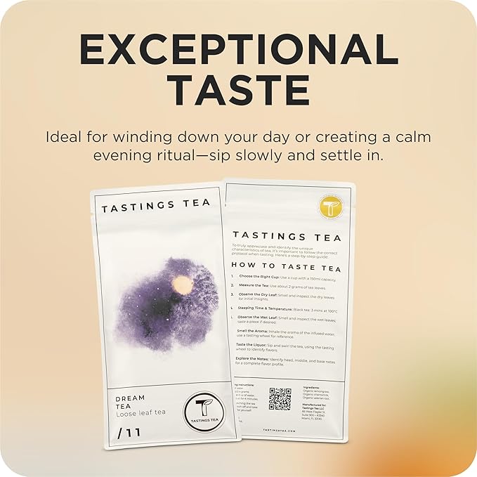 Tastings Tea Dream Loose Leaf, 8 oz | Calm Herbal Sleep Blend with Chamomile, Valerian & Lemon Grass | Natural Antioxidants for Wellness & Bed | Small Batch & Sustainably Sourced | Resealable Pouch