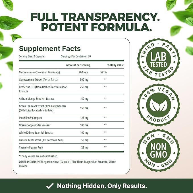 Serene Herbs GLP-1 Supplement for Women & Men - Metabolic Reset, Hunger Support with Berberine, InnoSlim, Actiponin - Natural GLP1 Booster to Support Appetite, Gut & Digestion - Vegan - 60 Capsules