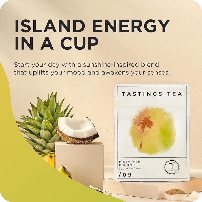 Tastings Tea Pineapple Coconut Loose Leaf, 2.25 oz | Tropical Black Blend & Fruit Infusion | Medium Caffeine | Naturally Sweet & Energizing | Small Batch & Sustainably Sourced | Resealable Pouch