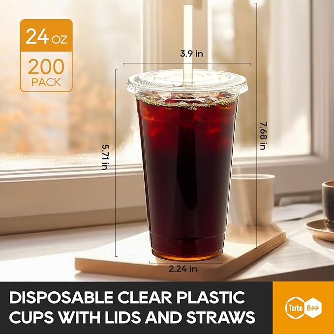 Turbo Bee 200 Sets 24 OZ Clear Plastic Cups with Lids and Straws, Disposable To Go Iced coffee cups with lids for Cold Drinks, Smoothie, and Slushie