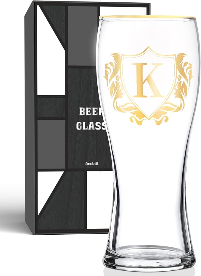 Personalized Beer Glass, Custom Alcohol Gifts for Beer Lovers, Unique Birthday, Christmas Gifts for Dad, Uncle, Husband, Boyfriend, with Initial K
