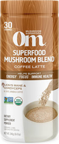 OM MUSHROOM SUPERFOOD Coffee Latte Blend – Functional Mushroom Powder with Lion’s Mane, Cordyceps, Reishi & Chaga – Energy, Focus & Mental Clarity Support – 8.47 oz Canister (30 Servings)