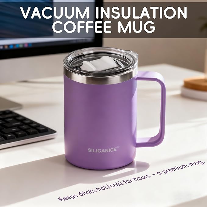 14/24oz Insulated Coffee Mug Cup With Handle, 304 Stainless Steel Vacuum Insulation, Tritan Detachable Slider Lid, BPA Free, Dishwasher Safe - Office & Home -Lilac
