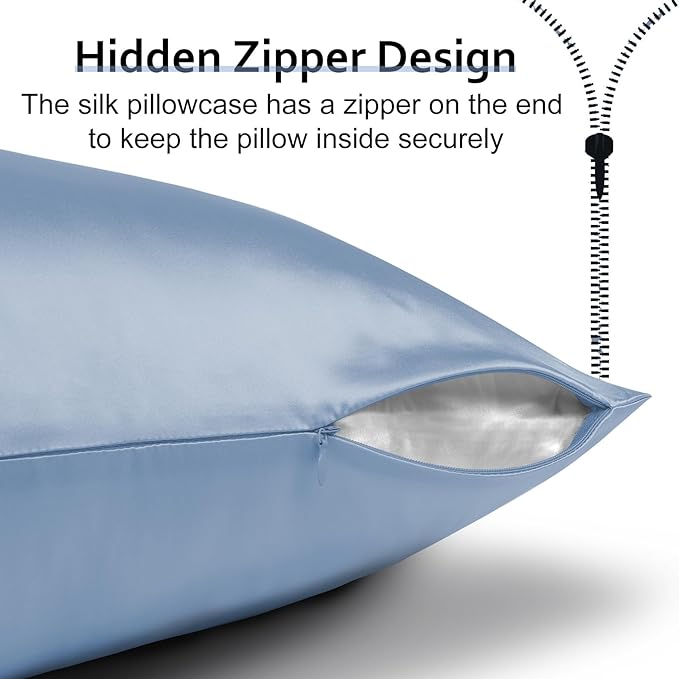 Ravmix Silk Pillow Cases with Zipper, 21momme Mulberry Silk Pillowcase for Hair Skin Health, Soft Smooth Breathable Cool Pillow Cover for Beauty Sleep with Gift Box 1PC(Standard 20"x26", Flint Blue)