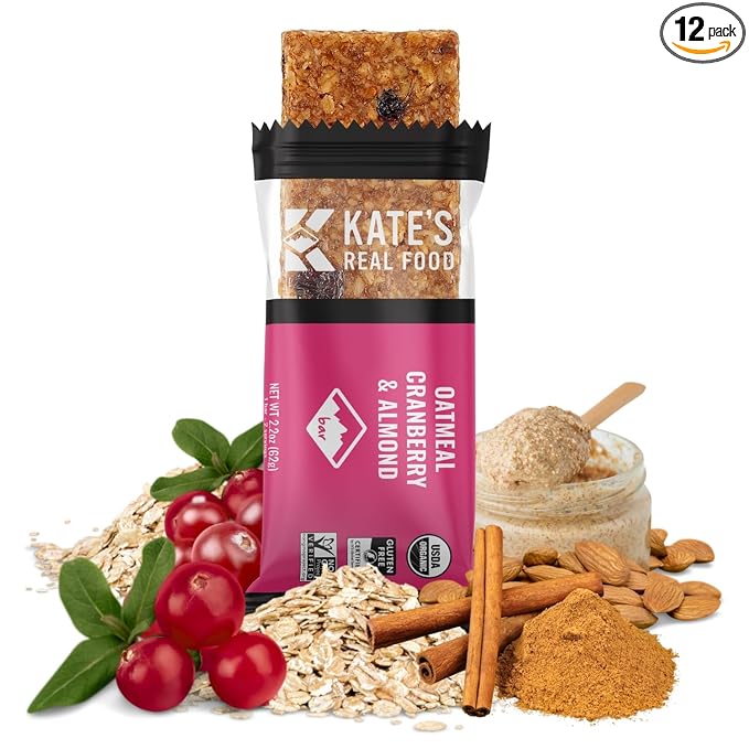 Kate’s Real Food Organic Energy Bars, Non-GMO, All-Natural Ingredients, Gluten-Free and Soy-Free Healthy Snack with Natural Flavors, Oatmeal Cranberry & Almond (Pack of 12)