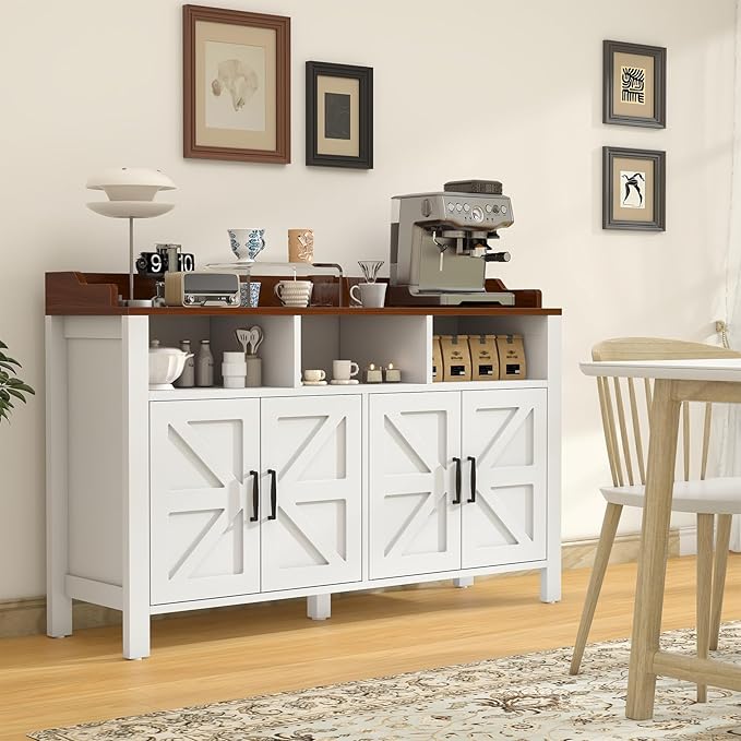 Buffet Cabinet with Storage Farmhouse with 4 Doors and 3 Open Compartments, 55'' Large Kitchen Storage Cabinet White Wood Coffee Bar Buffet Sideboard for Kitchen, Dining Room, Living Room