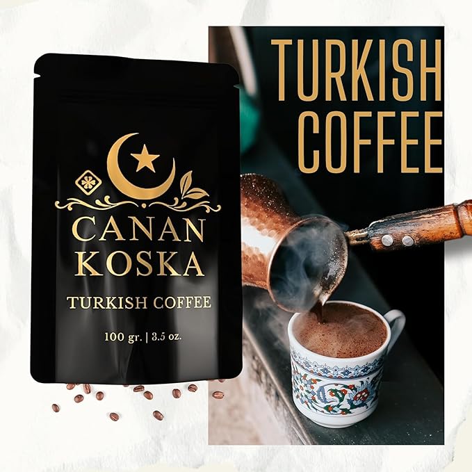 Canan Koska Turkish Coffee Medium Roast Ground Coffee 100% Arabica, Finely Ground for Rich Flavor and Smooth Texture, Ideal for Traditional Brewing in a Cezve - 3.5 Ounce (100g) - Pack Of 3
