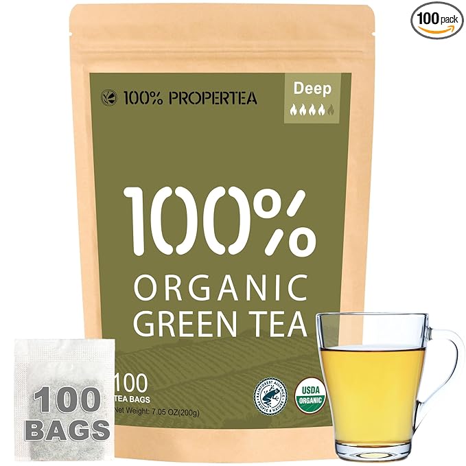 100% Propertea Organic Green Tea Bags, 100 Count Eco-Friendly Tea Bags, Deep Taste, Caffeinated, Rich in Antioxidants, Resealable Pouch