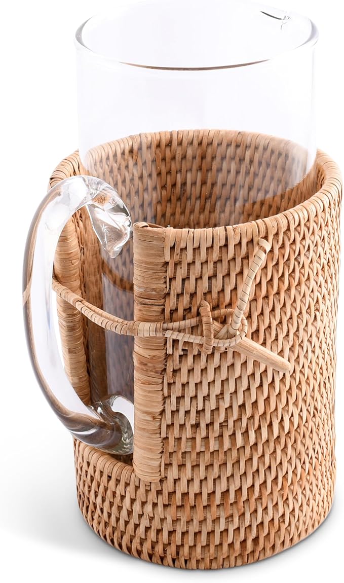 Vagabond House Light and Stylish Glass Carafe, Insulated Ice Tea Pitcher with Removable Rattan Cover, Easy Cleaning, Dishwasher Safe, Built in Coaster - Ideal Table Centerpiece for Boho House