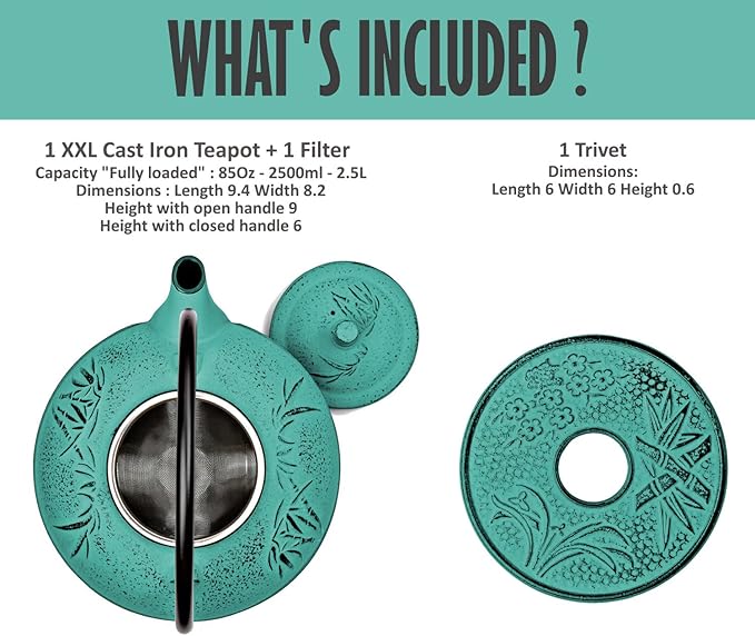 XXL Japanese Cast Iron Teapot with Infuser & Matching Trivet - Large 85 Oz/2500ml Tetsubin Loose Leaf Tea Pot with Enamel Interior - Handcrafted Big Cast Iron Tea Kettle Humidifier Set - Green