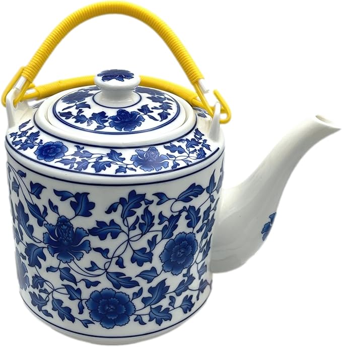Large Teapot Blue and White Tea Pot Porcelain 66 OZ Floral (Lotus Vine)