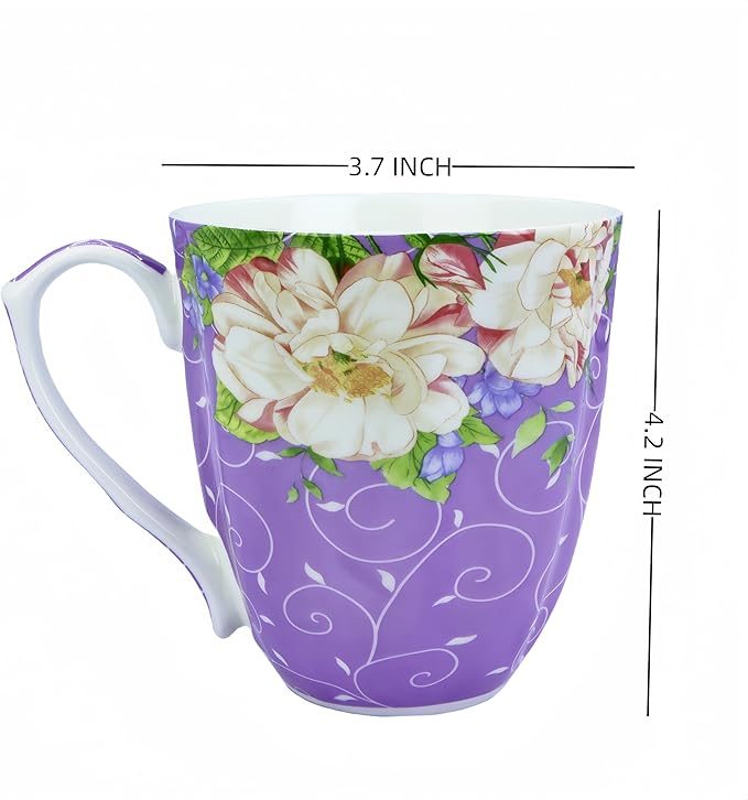 14oz Bone China Coffee Mug Floral Bone Mug Cute Coffee Mugs Teacup for Women Mom Friend (Romantic Purple)