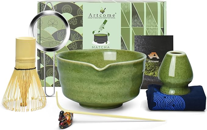 Artcome 7-Piece Matcha Tea Set - Complete Japanese Ceremony Kit with Bowl, Whisk, Scoop, Strainer & Guide, Mottled Green