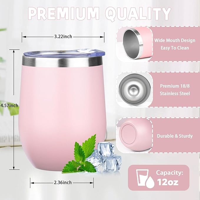 12oz/4 Pack Stainless Steel Wine Tumbler with Lid and Straw, Double Wall Vacuum Insulated Wine Tumbler Glasses, Stemless Travel Mugs for Hot and Cold Drinks, Coffee, Wine, Cocktails
