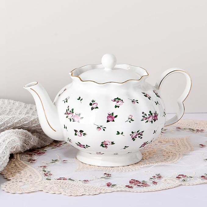 Floral Teapot with Infuser, 33oz, Ceramic Tea Pot with Tea Strainers for Loose Leaf Tea, Rose Teapots for Tea Party, New Bone Porcelain Teapot