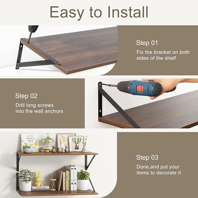 12 Inch Deep Floating Shelves,48W x 12D Floating Shelves, Deep Wall Shelves Bracket Set of 2, Large Display Floating Shelf for Bathroom, Living Room, Wide Storage Wooden Wall Shelf, Walnut