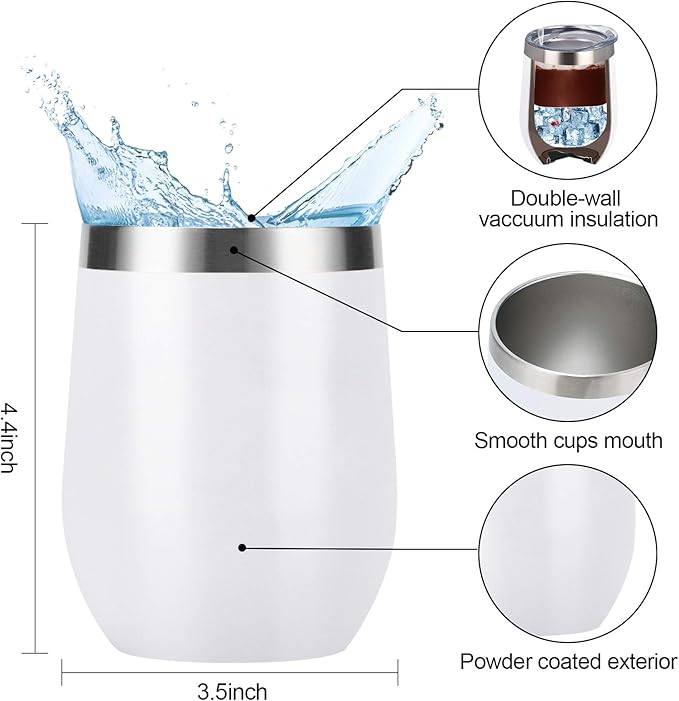 6 Pack Stainless Steel Wine Tumblers, 12Oz Insulated Wine Tumbler, Double Wall Insulated Wine Glass, Stainless Steel Stemless Wine Cups with Lids for Coffee, Wine, Cocktails, Champaign, White