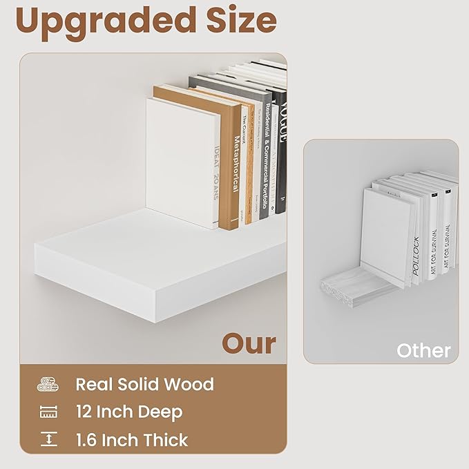 9.3 Inch Deep Floating Shelves, White Solid Wood Floating Shelf Wall Mounted, 36 x 9 Large Display & Storage Shelves for Books, Living Room, Bathroom, Rustic Wooden Wall Shelves, Heavy-Duty, Set of 2